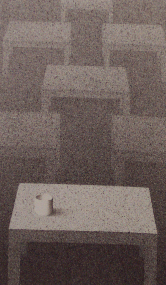 Un tavolo e un bicchiere, 2002, tecnica mista su carta, cm 15x15