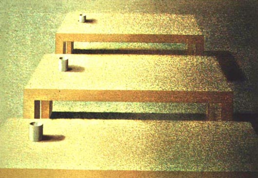 Tre tavoli, 2001, tecnica mista su carta, cm 33x47