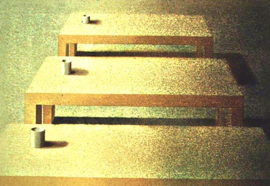 Tre tavoli, 2001, tecnica mista su carta, cm 33x47