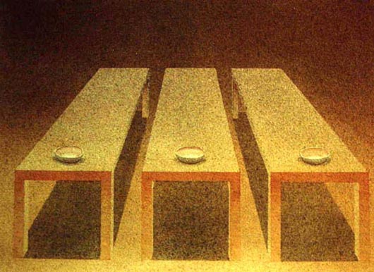 Tre tavoli e tre ciotole, 2001, tecnica mista su carta, cm 31x41