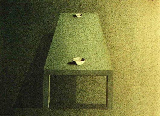 Sul tavolo due ciotole, 1999, tecnica mista su carta, cm 26x36