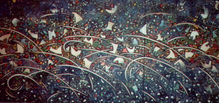 La grande onda, 1990, olio su tavola, cm 100x240