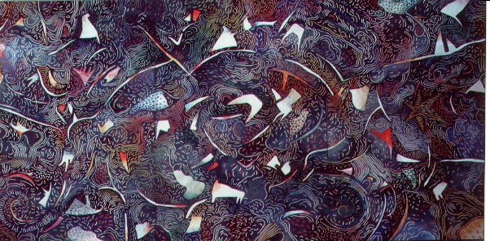 Vorticoso, 1989, olio su tavola, cm 100x240