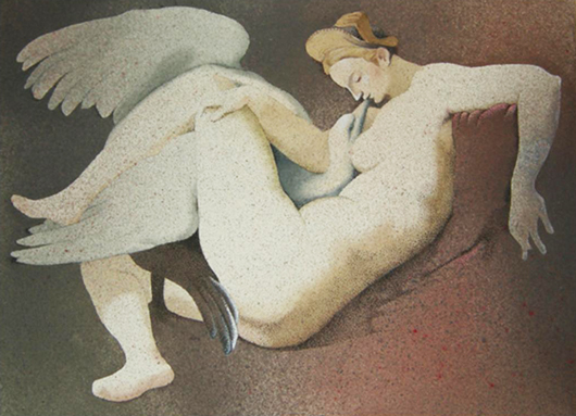 Leda col cigno (libera interpretazione), 2013, tecnica mista su carta, cm 33x24
