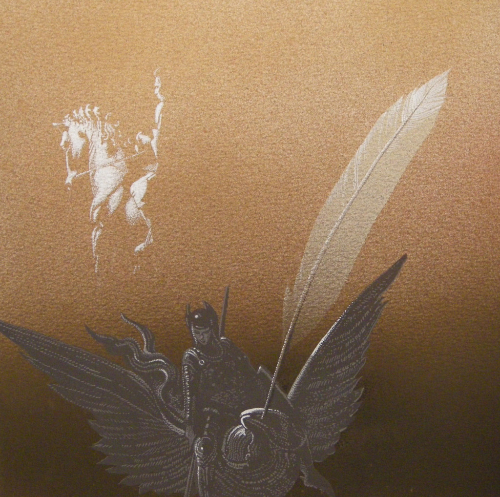 Ippogrifo di Doré e la penna di Ariosto, 2015, tecnica mista su carta, cm 35x35